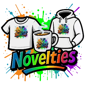 3D printed Novelties category graphic featuring custom printed T-shirt, hoodie and mug designs.