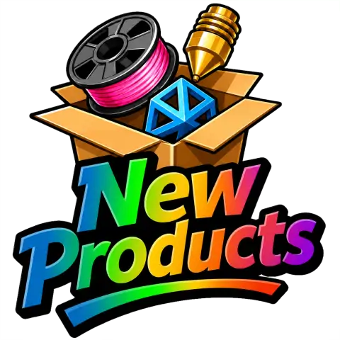 New Products category graphic featuring a filament spool, 3D printer nozzle and printed model.